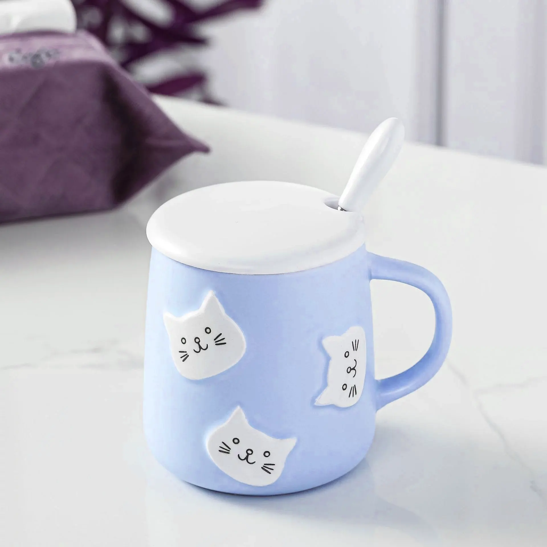 Creative Cartoon Relief Cat Ceramic Mug with Lid Spoon (Blue)